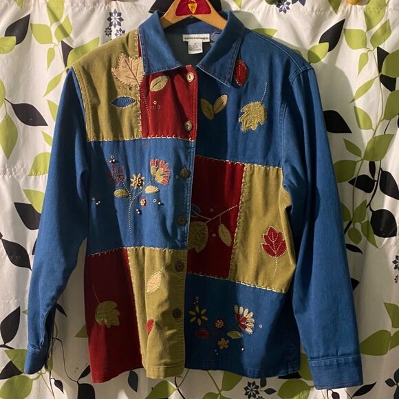 Alfred Dunner WomensPatchwork Embroidered Denim Jacket Size 12 Multicolor Cotton - Picture 1 of 10